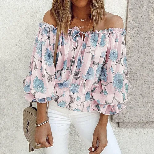 Printed Chiffon Blouse Off-shoulder