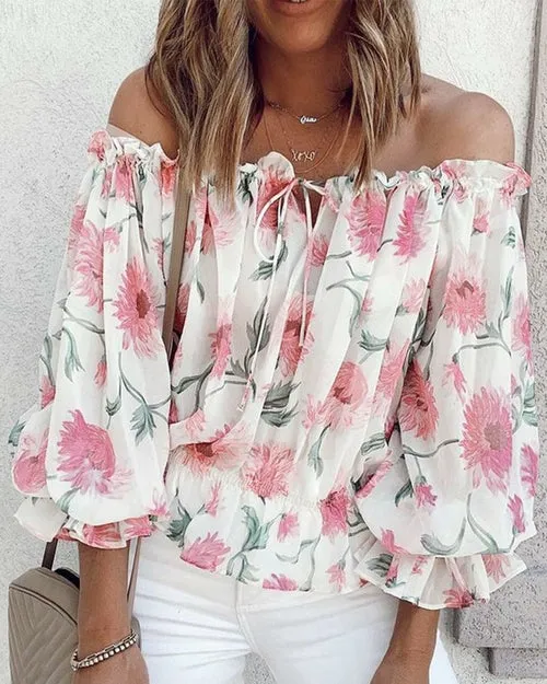 Printed Chiffon Blouse Off-shoulder