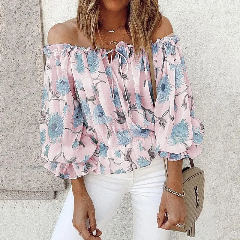 Printed Chiffon Blouse Off-shoulder