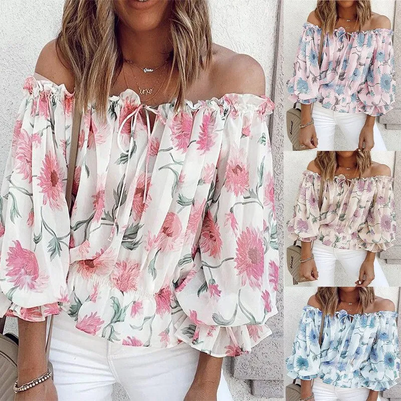 Printed Chiffon Blouse Off-shoulder