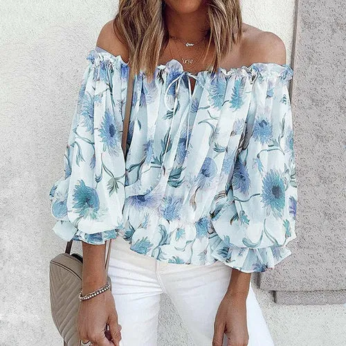 Printed Chiffon Blouse Off-shoulder