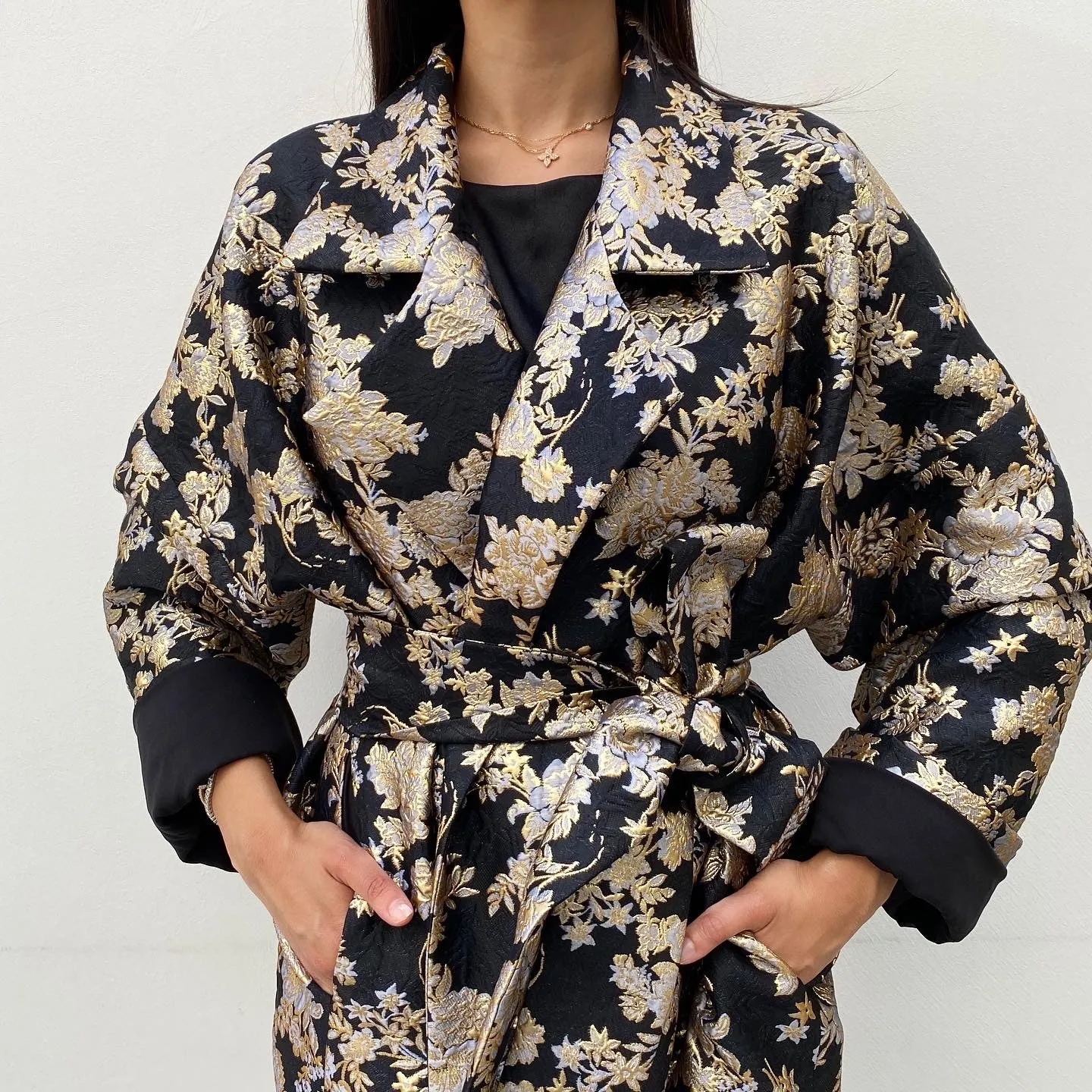 RAM20 PARIS BLACK & GOLD BROCADE LINED OVERCOAT