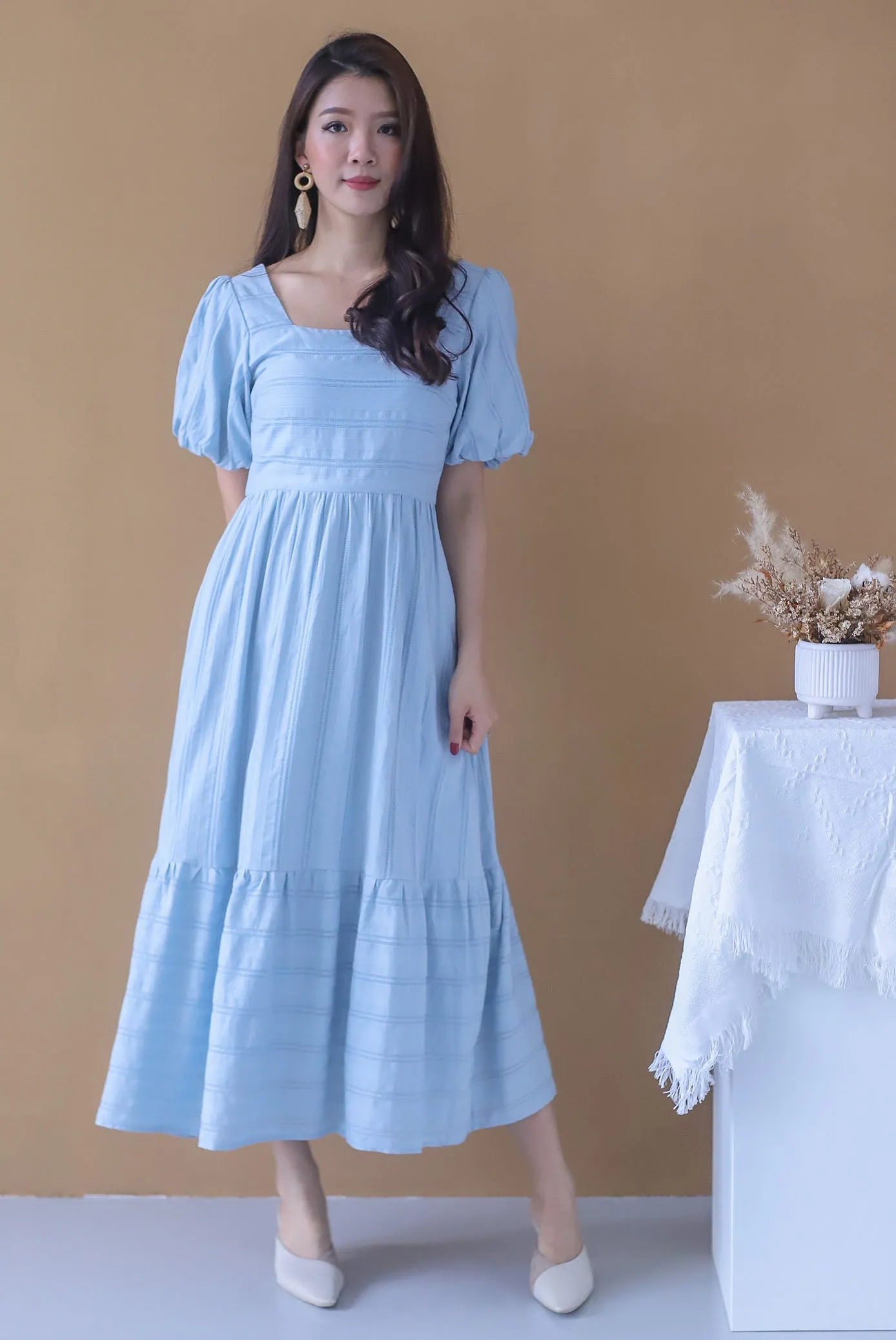 *Restocked* Morie Lattice Eyelet Puffy Sleeve Maxi Dress In Blue