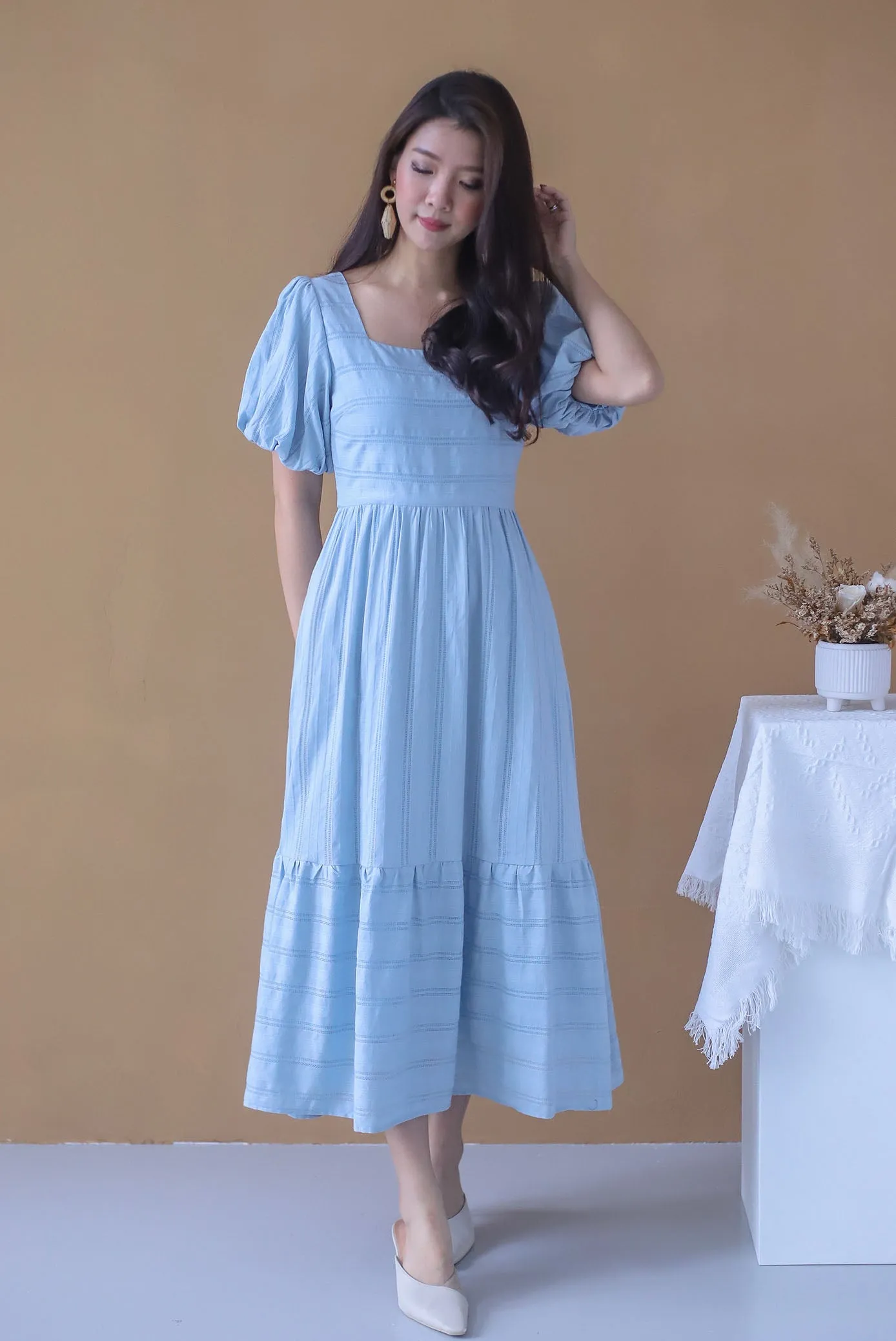 *Restocked* Morie Lattice Eyelet Puffy Sleeve Maxi Dress In Blue