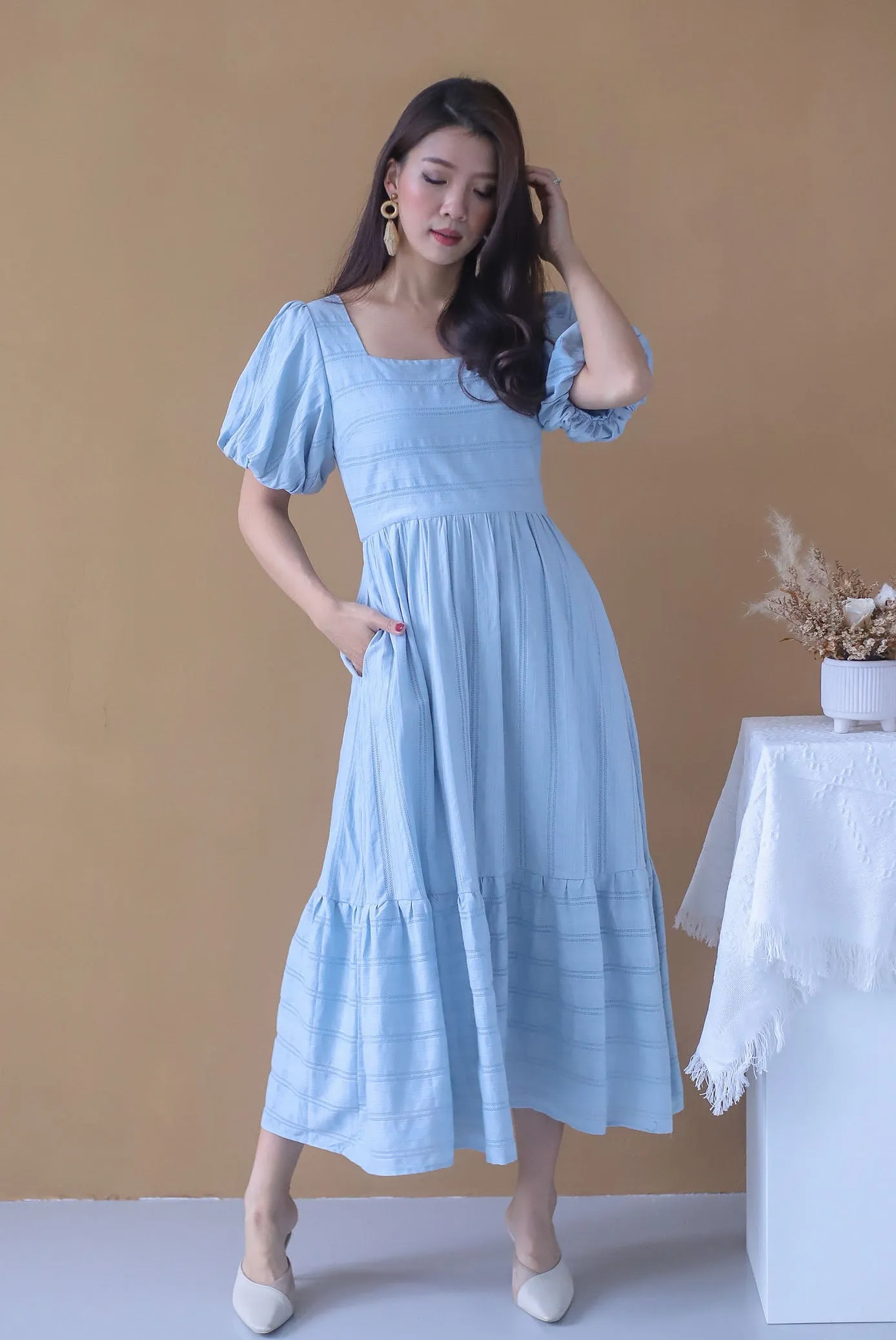 *Restocked* Morie Lattice Eyelet Puffy Sleeve Maxi Dress In Blue
