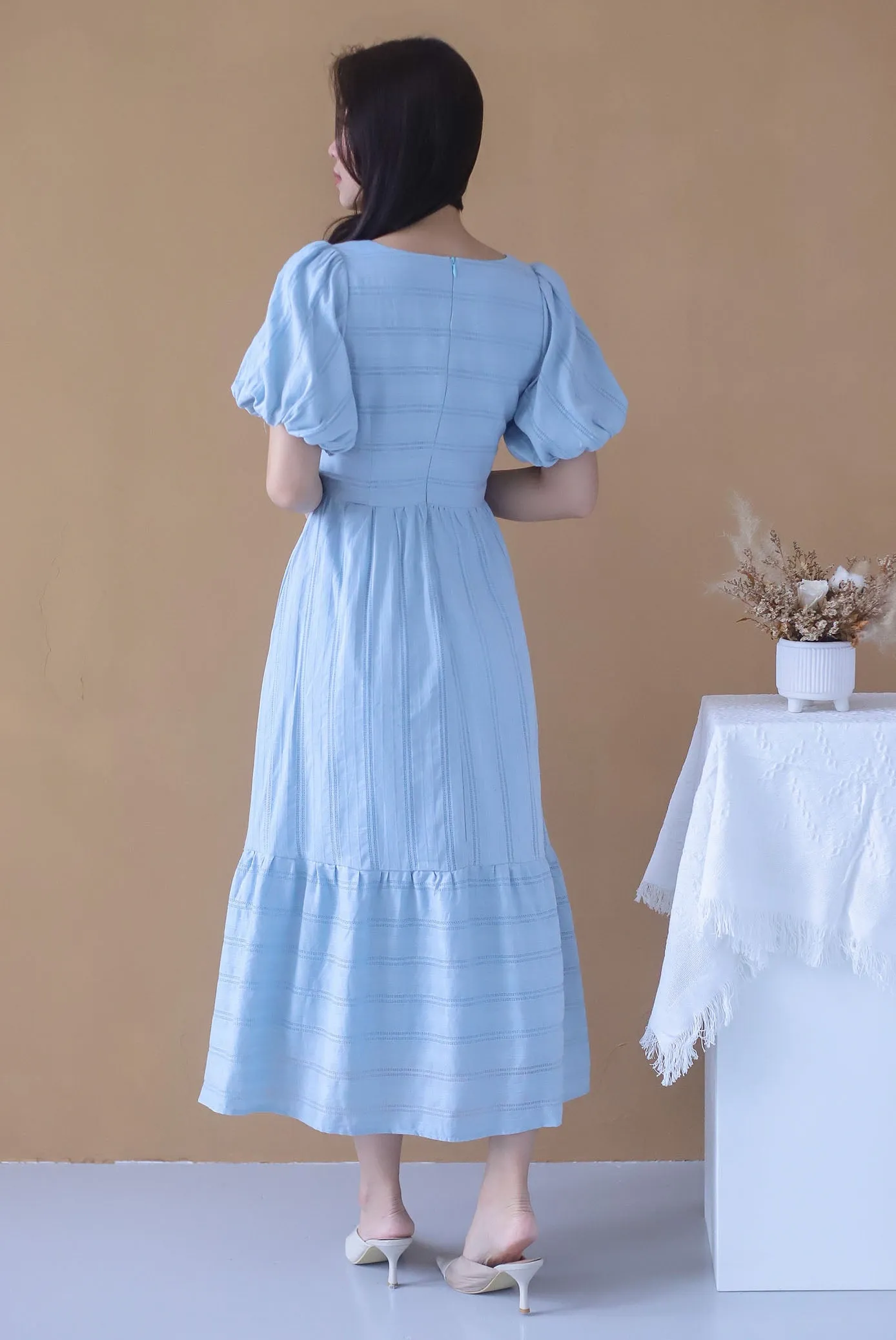 *Restocked* Morie Lattice Eyelet Puffy Sleeve Maxi Dress In Blue