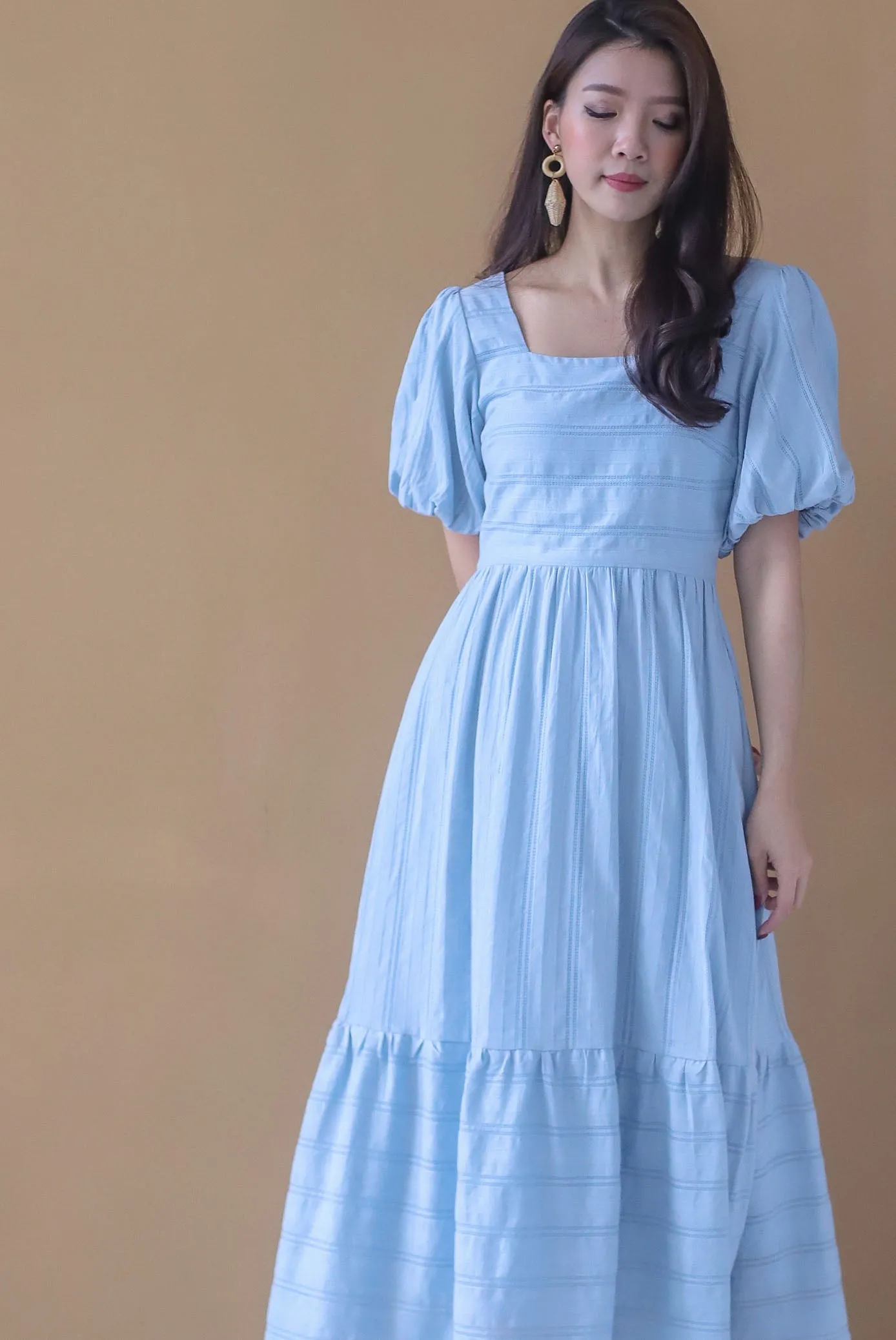 *Restocked* Morie Lattice Eyelet Puffy Sleeve Maxi Dress In Blue
