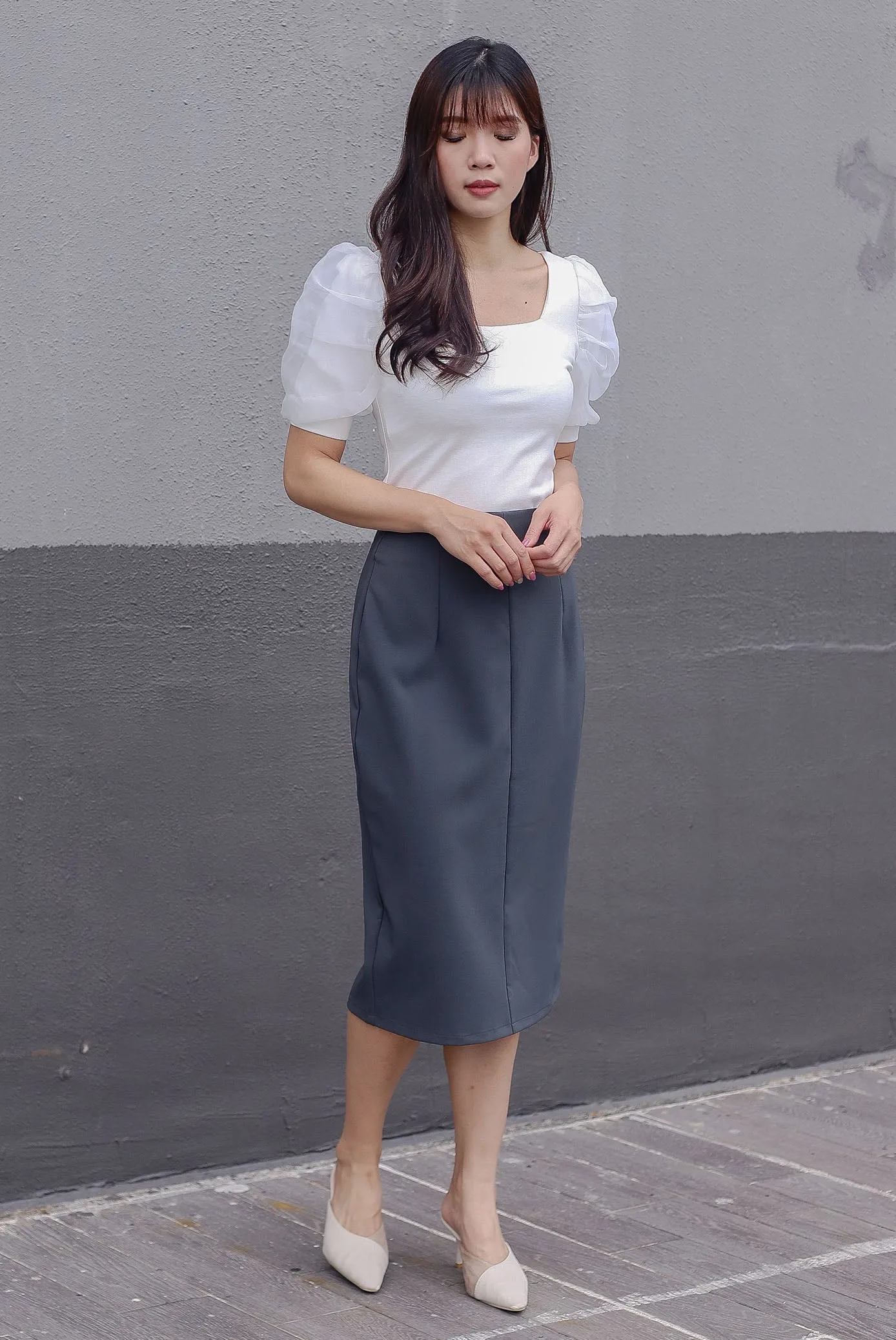 *Restocked*Premium* Sue Mesh Gather Sleeve Top In White