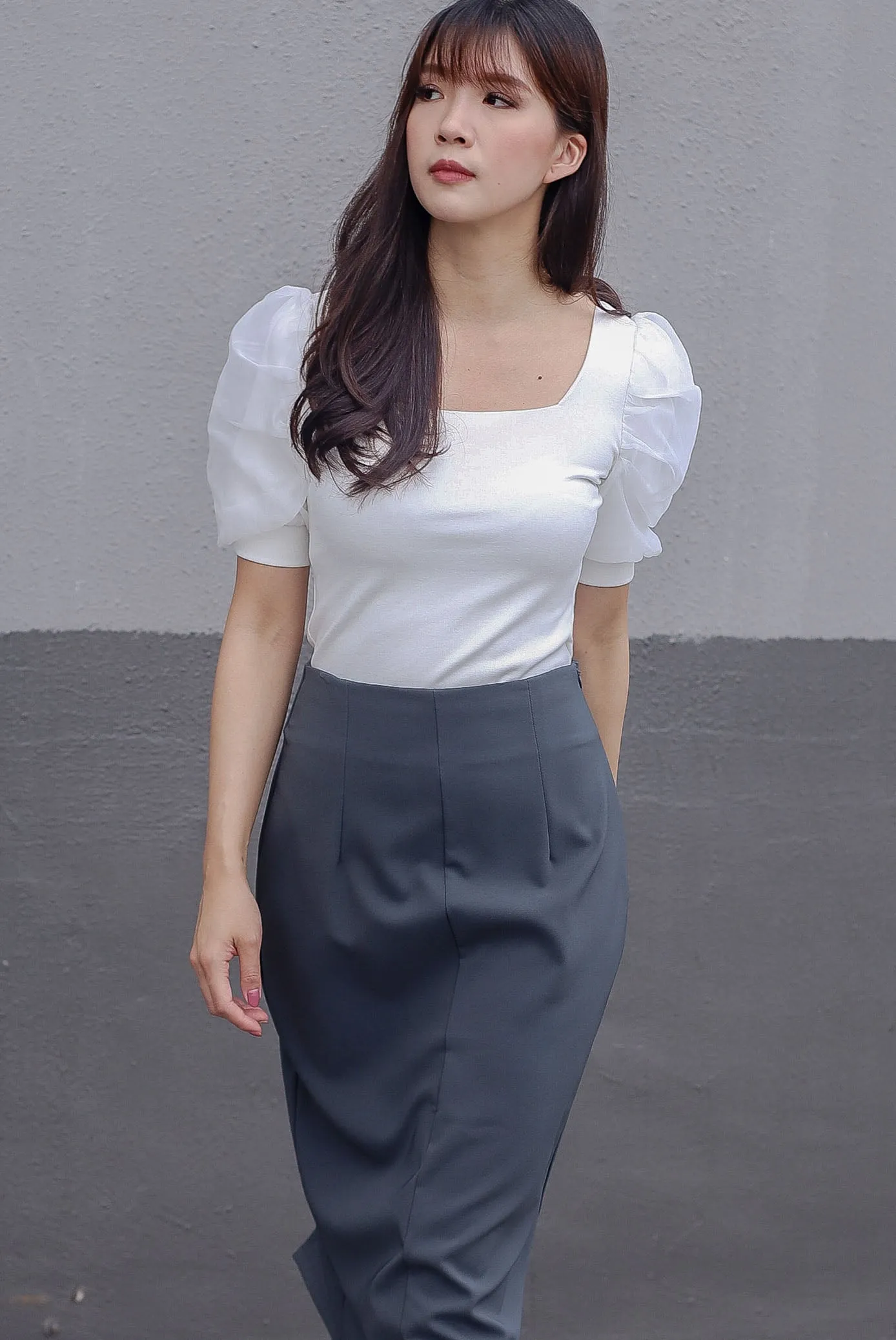 *Restocked*Premium* Sue Mesh Gather Sleeve Top In White