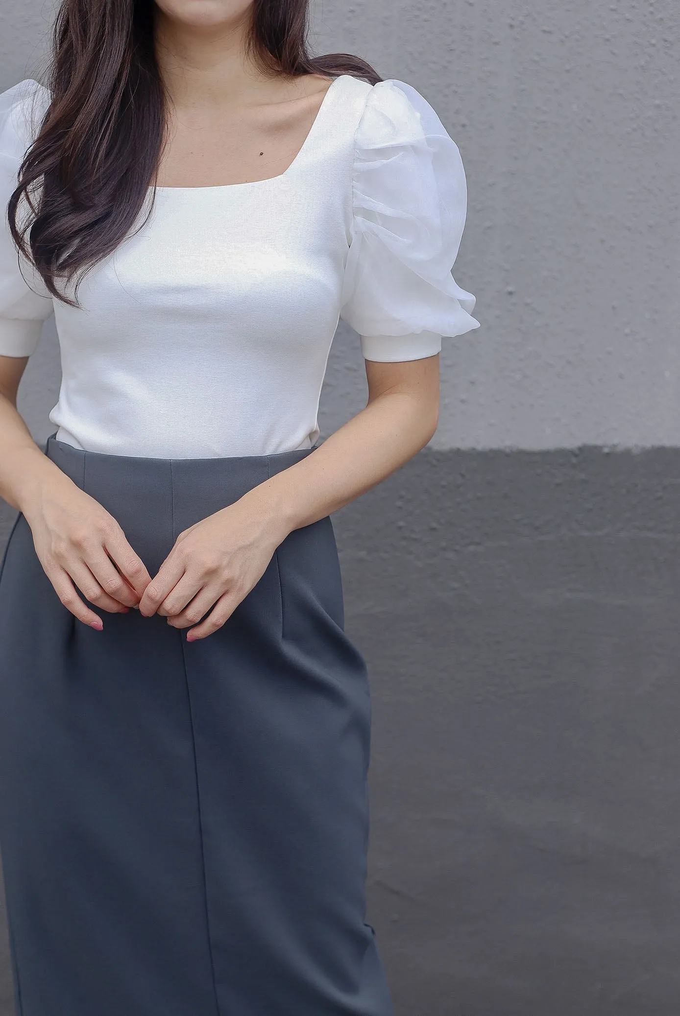 *Restocked*Premium* Sue Mesh Gather Sleeve Top In White
