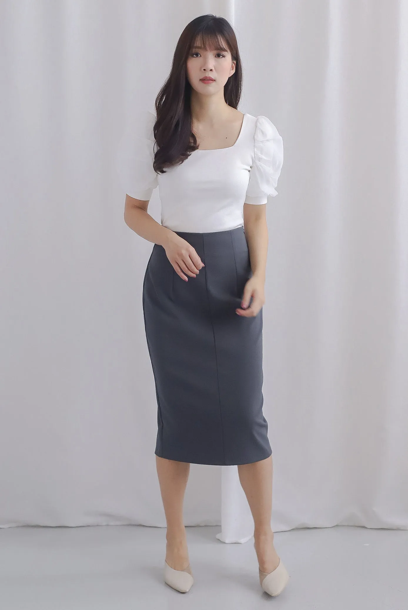 *Restocked*Premium* Sue Mesh Gather Sleeve Top In White
