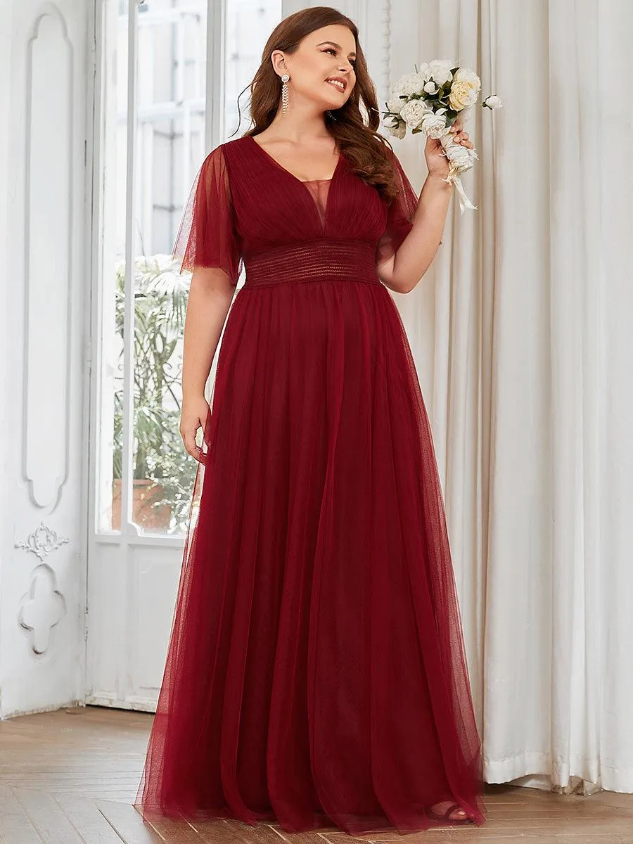 Robe de demoiselle d'honneur en tulle plissée à manches courtes Grande taille(Vente finale)