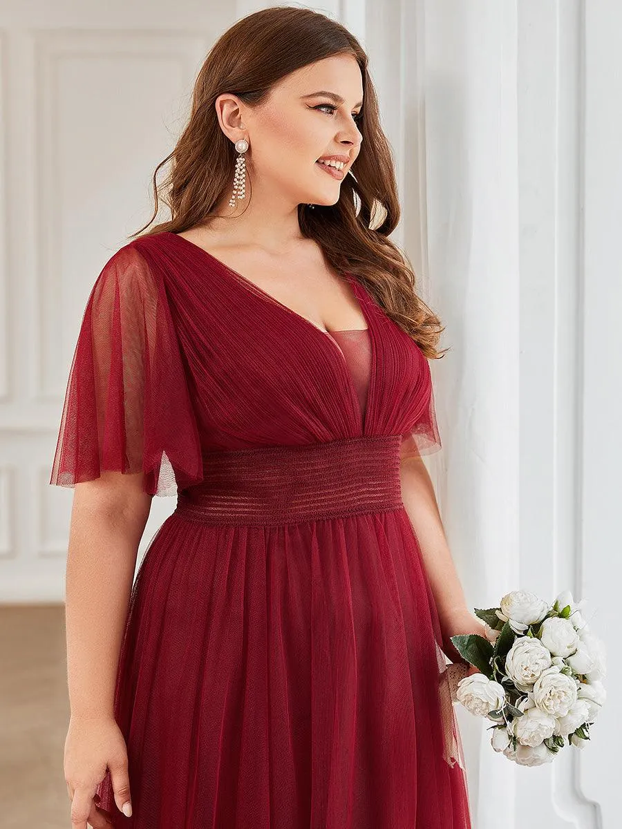 Robe de demoiselle d'honneur en tulle plissée à manches courtes Grande taille(Vente finale)