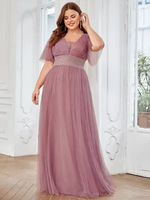 Robe de demoiselle d'honneur en tulle plissée à manches courtes Grande taille(Vente finale)