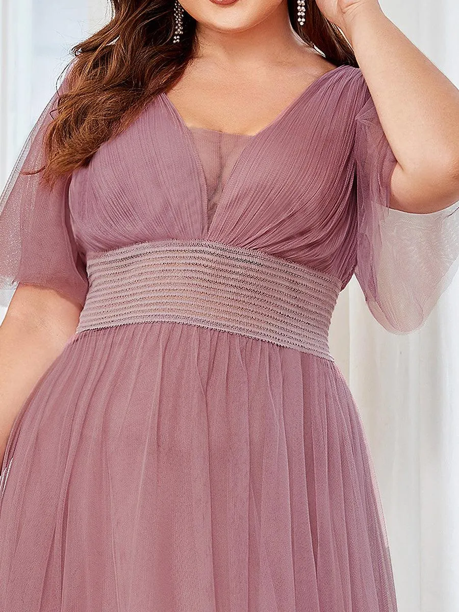 Robe de demoiselle d'honneur en tulle plissée à manches courtes Grande taille(Vente finale)