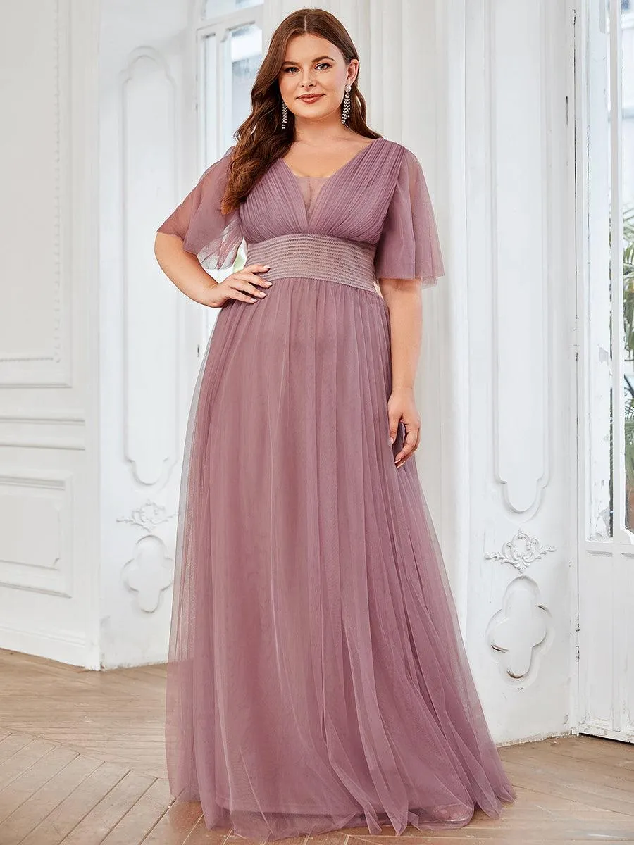 Robe de demoiselle d'honneur en tulle plissée à manches courtes Grande taille(Vente finale)