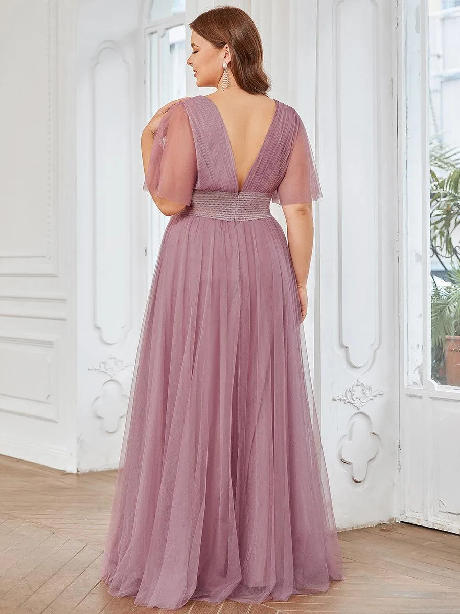 Robe de demoiselle d'honneur en tulle plissée à manches courtes Grande taille(Vente finale)