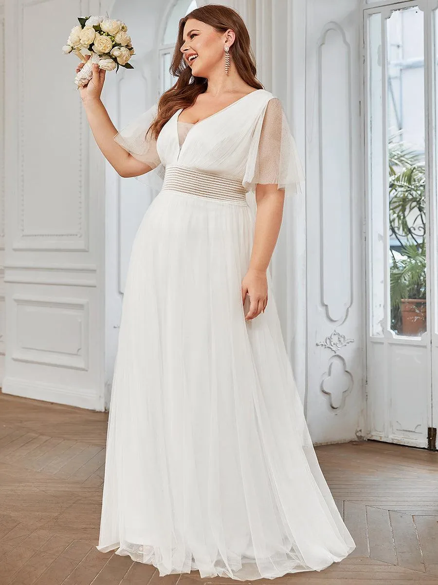 Robe de demoiselle d'honneur en tulle plissée à manches courtes Grande taille(Vente finale)