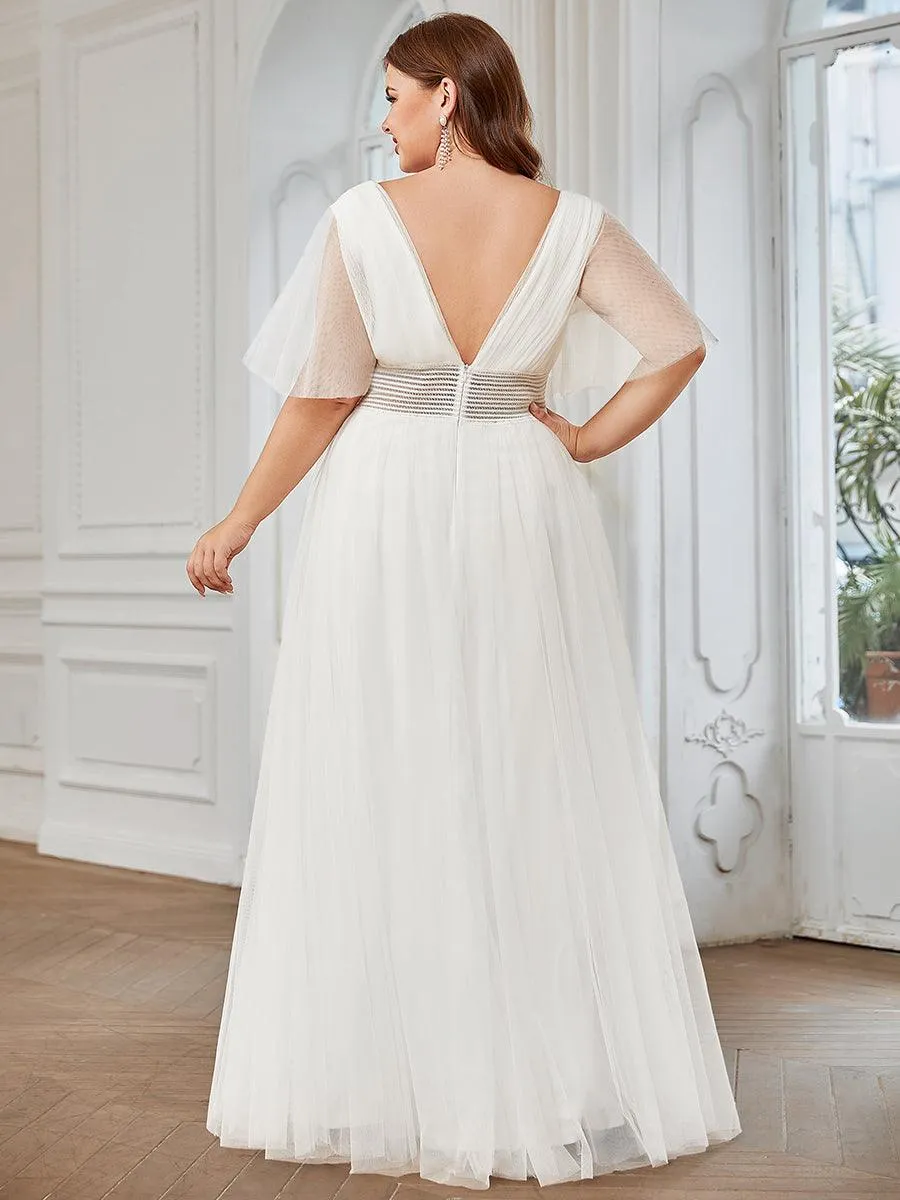 Robe de demoiselle d'honneur en tulle plissée à manches courtes Grande taille(Vente finale)