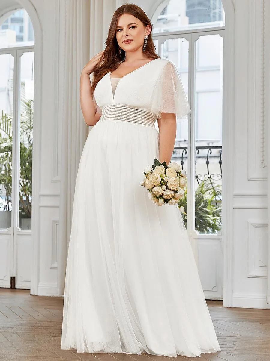 Robe de demoiselle d'honneur en tulle plissée à manches courtes Grande taille(Vente finale)