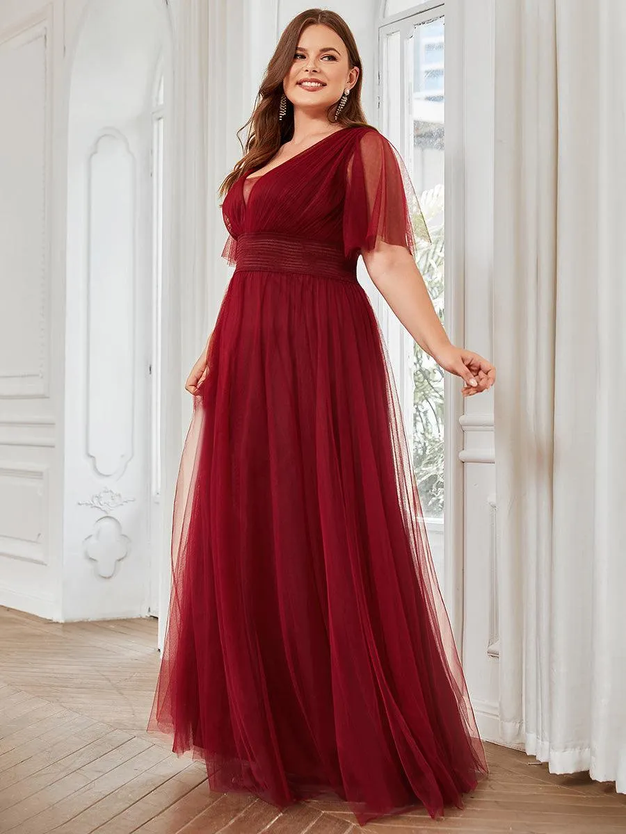 Robe de demoiselle d'honneur en tulle plissée à manches courtes Grande taille(Vente finale)