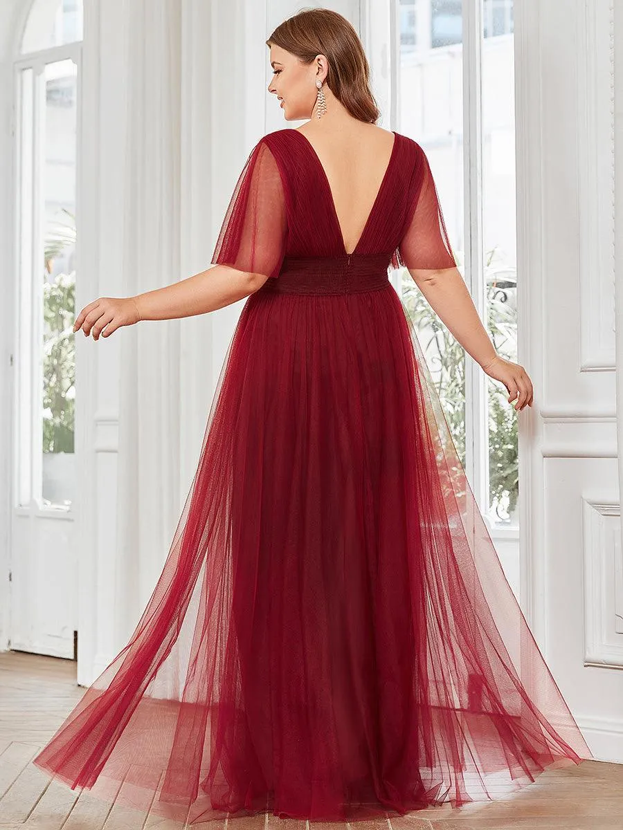 Robe de demoiselle d'honneur en tulle plissée à manches courtes Grande taille(Vente finale)