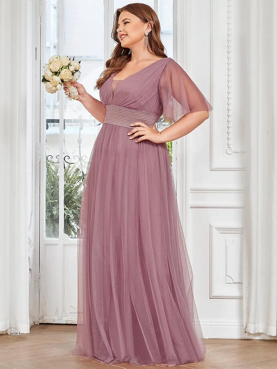 Robe de demoiselle d'honneur en tulle plissée à manches courtes Grande taille(Vente finale)