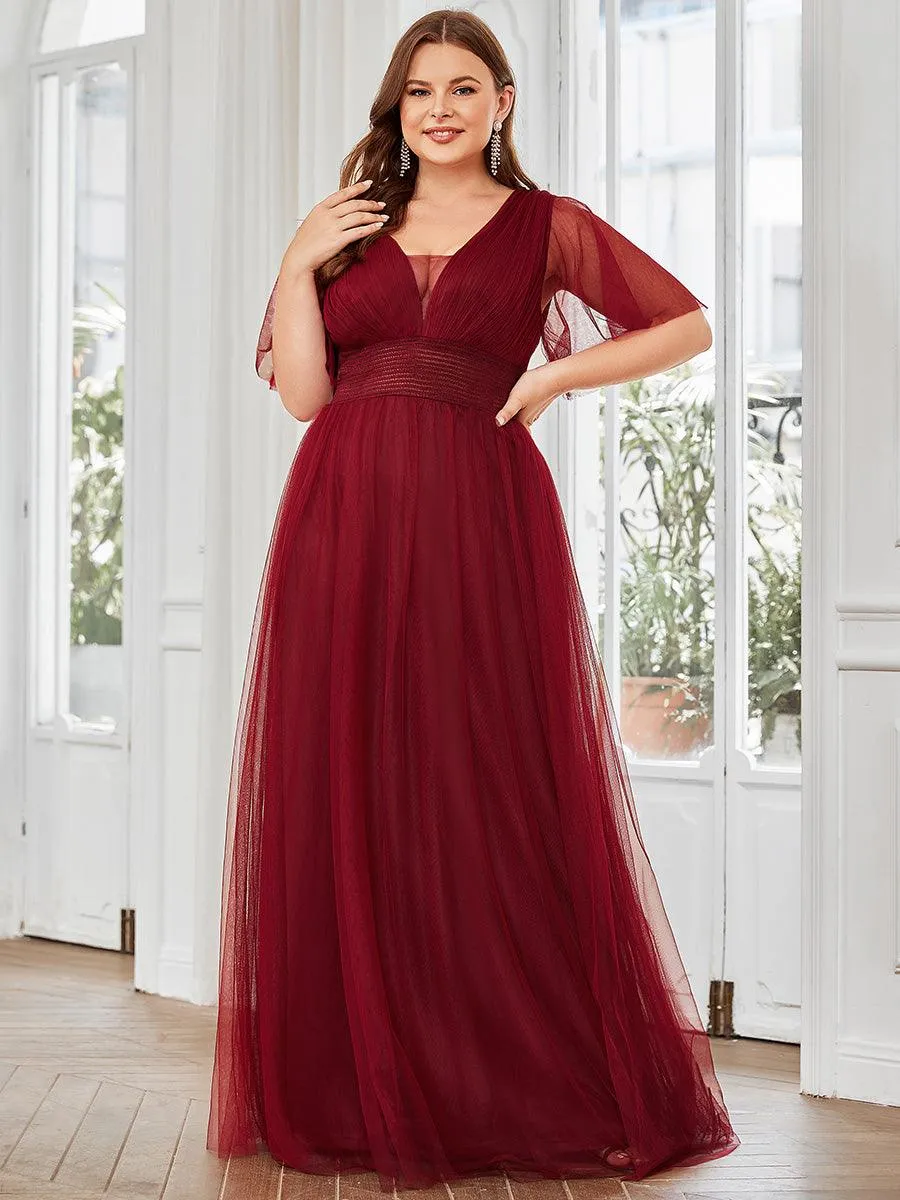 Robe de demoiselle d'honneur en tulle plissée à manches courtes Grande taille(Vente finale)