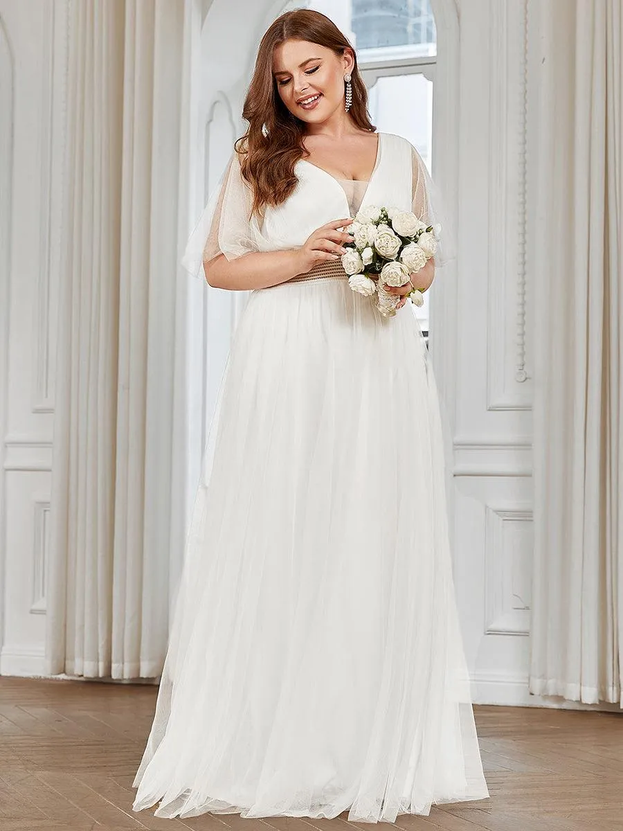 Robe de demoiselle d'honneur en tulle plissée à manches courtes Grande taille(Vente finale)