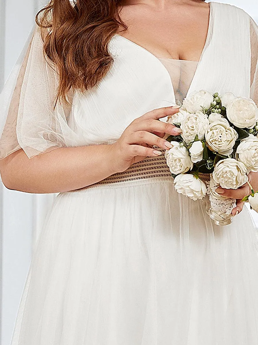 Robe de demoiselle d'honneur en tulle plissée à manches courtes Grande taille(Vente finale)
