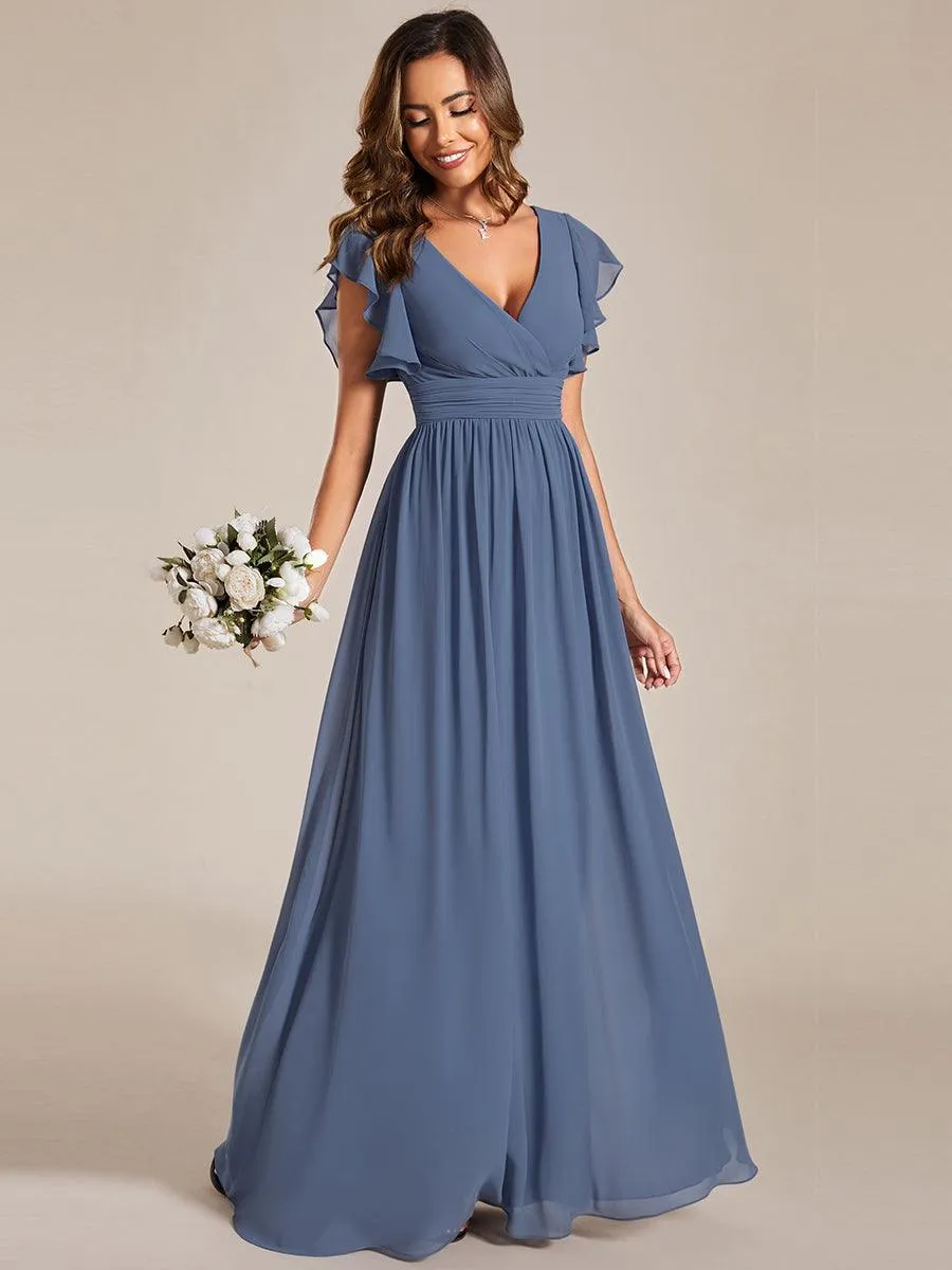 Robe de demoiselle d'honneur personnalisée à manches volantées et dos creux