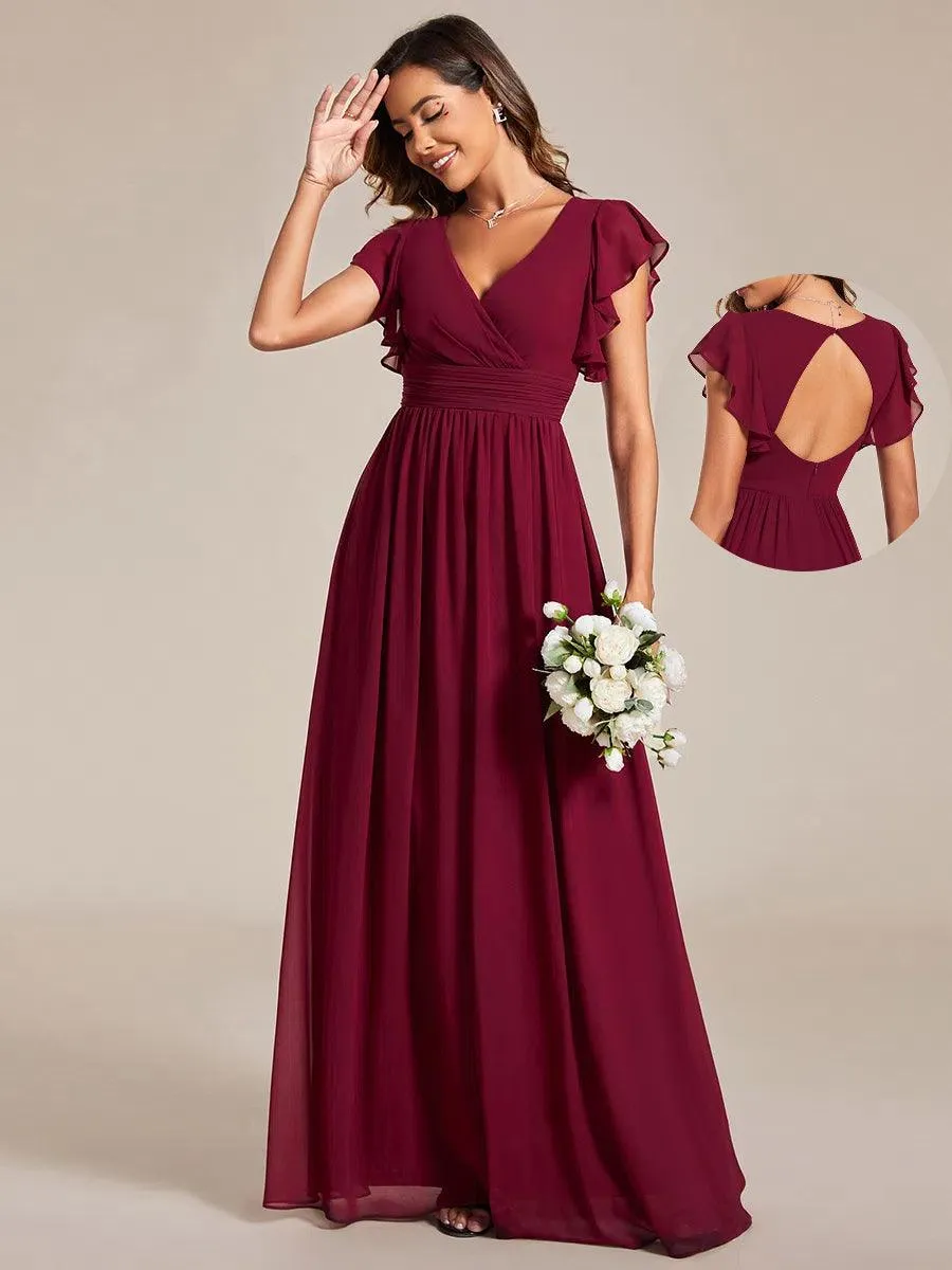 Robe de demoiselle d'honneur personnalisée à manches volantées et dos creux