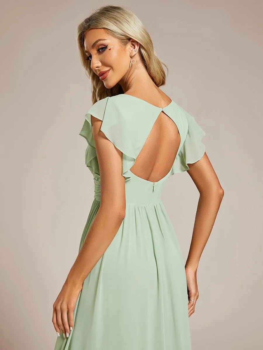 Robe de demoiselle d'honneur personnalisée à manches volantées et dos creux