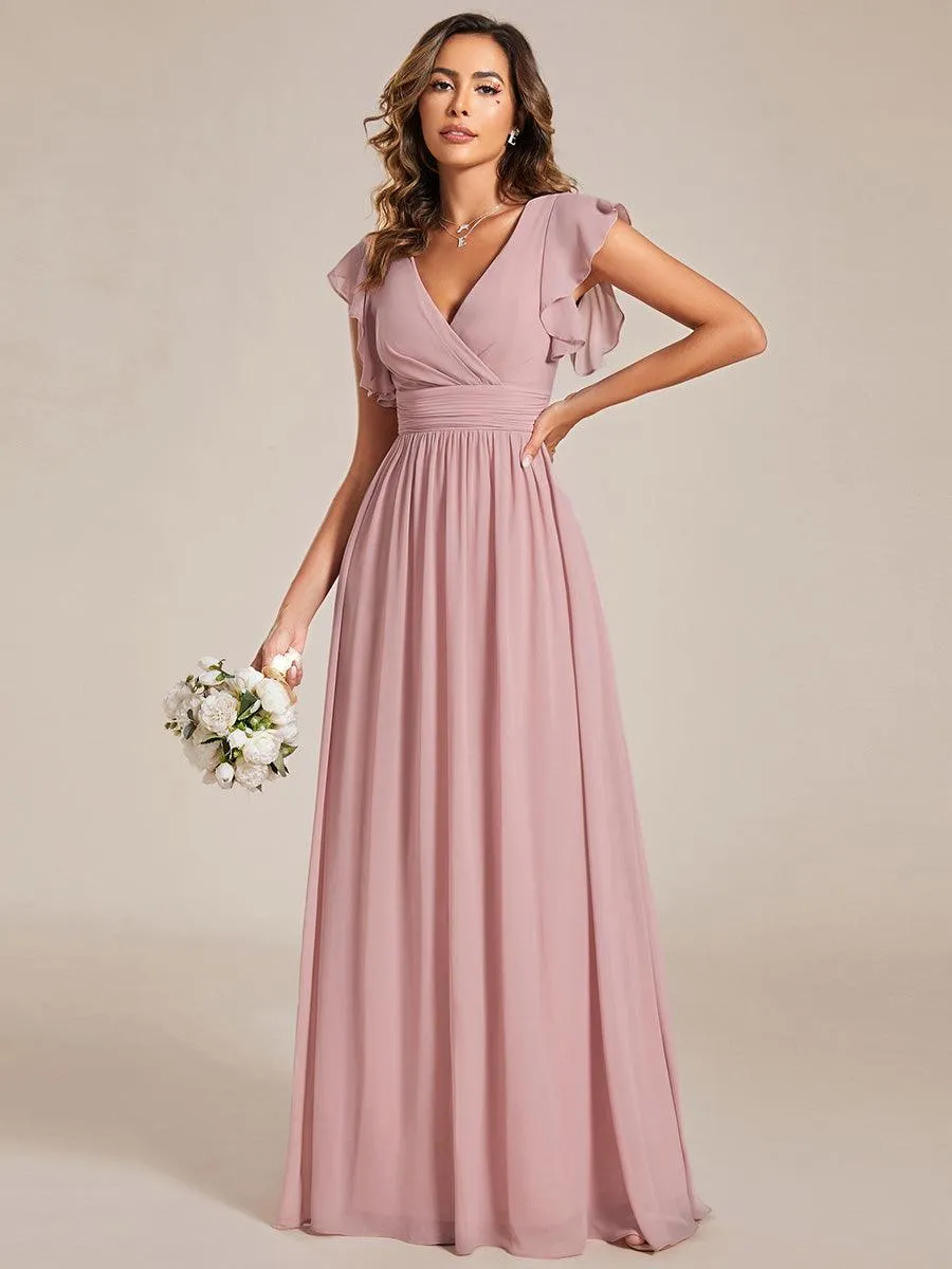 Robe de demoiselle d'honneur personnalisée à manches volantées et dos creux
