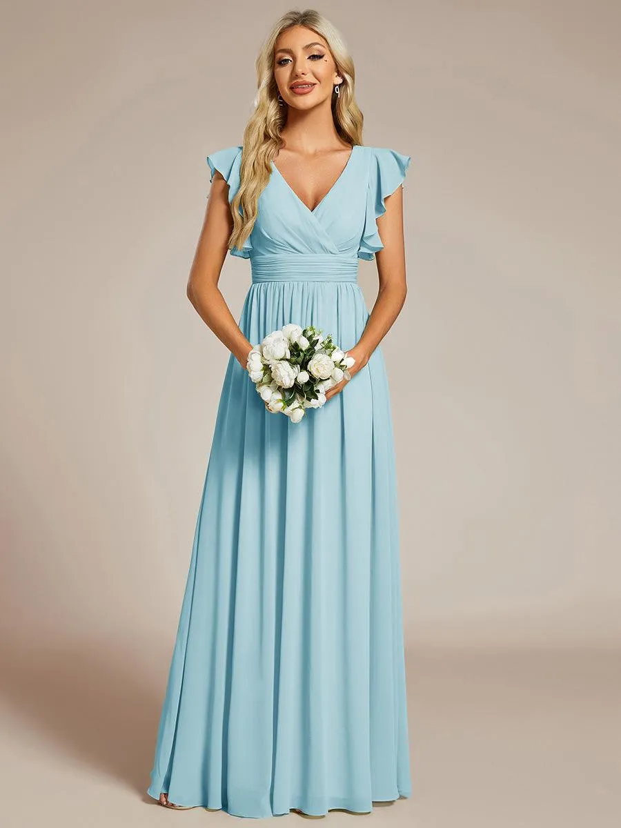 Robe de demoiselle d'honneur personnalisée à manches volantées et dos creux