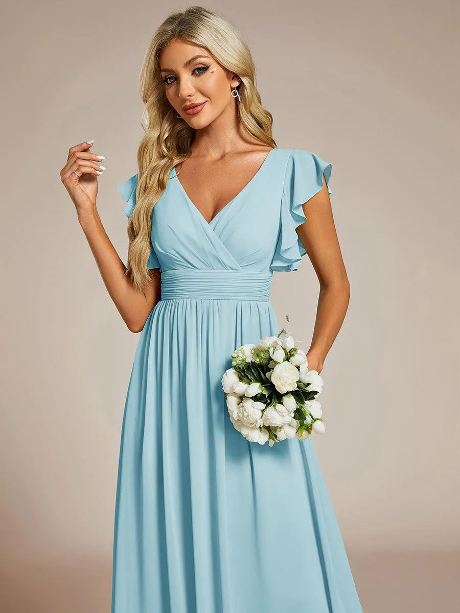 Robe de demoiselle d'honneur personnalisée à manches volantées et dos creux