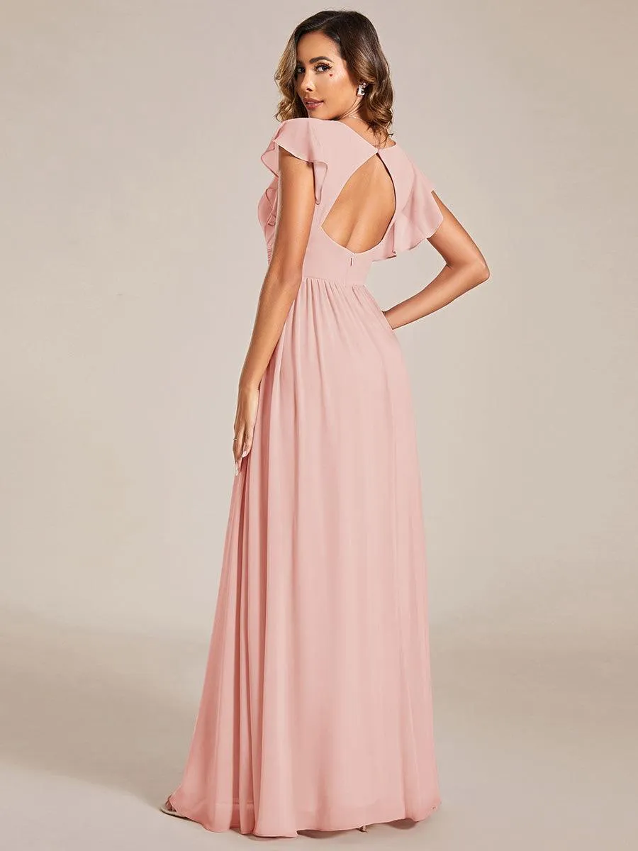 Robe de demoiselle d'honneur personnalisée à manches volantées et dos creux