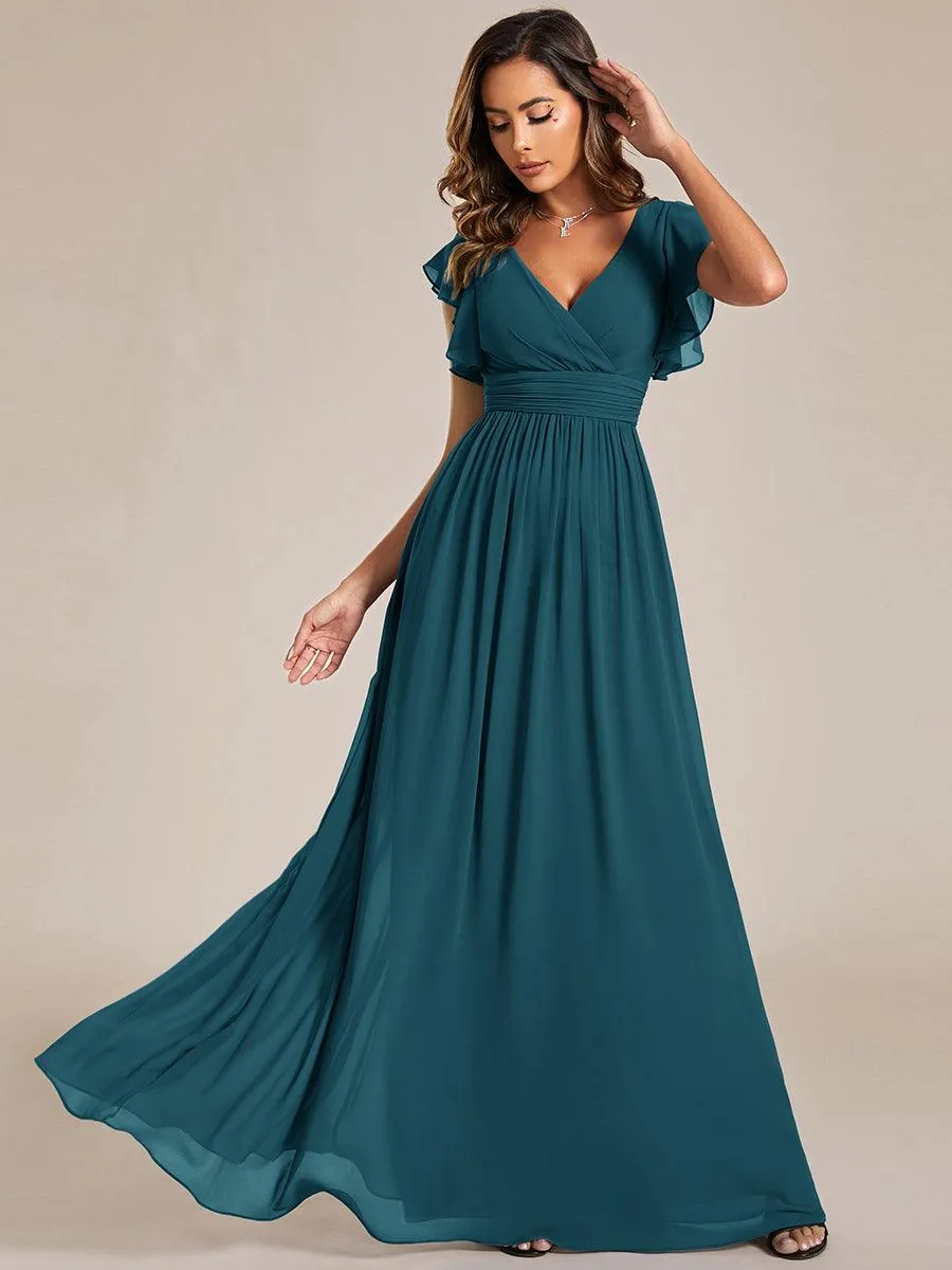 Robe de demoiselle d'honneur personnalisée à manches volantées et dos creux