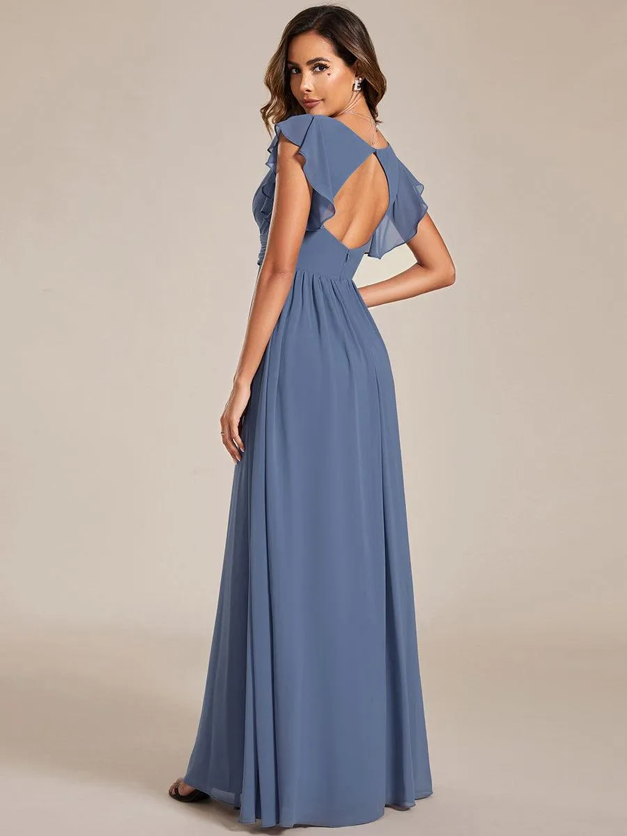Robe de demoiselle d'honneur personnalisée à manches volantées et dos creux