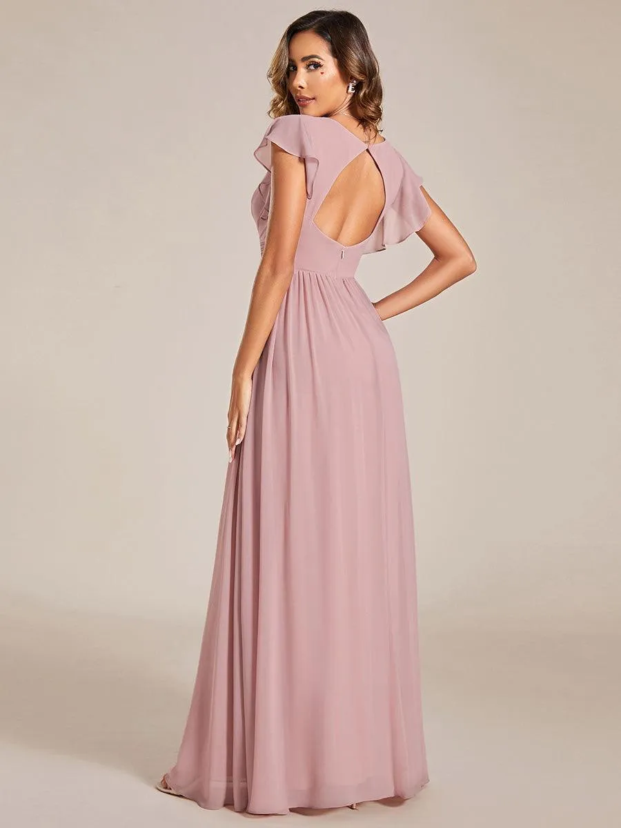 Robe de demoiselle d'honneur personnalisée à manches volantées et dos creux