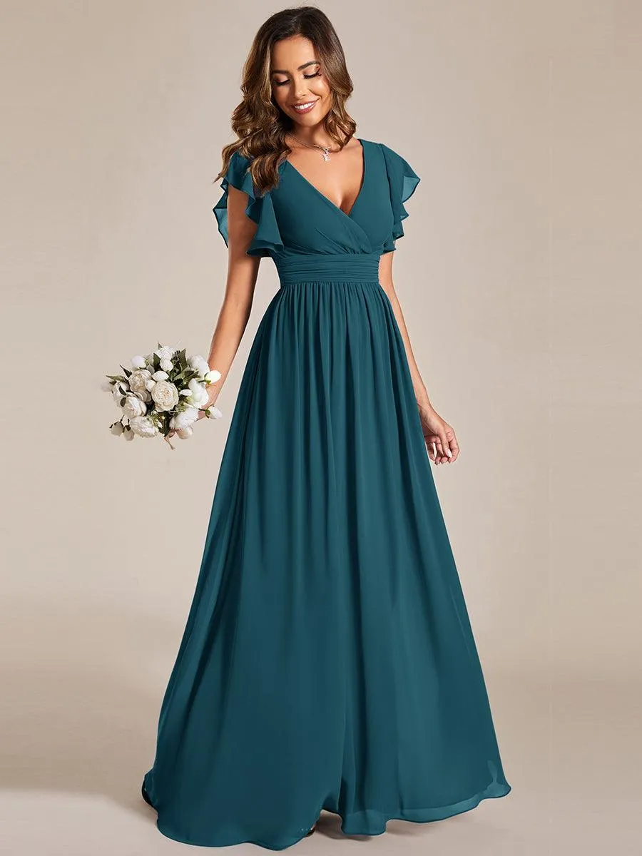 Robe de demoiselle d'honneur personnalisée à manches volantées et dos creux
