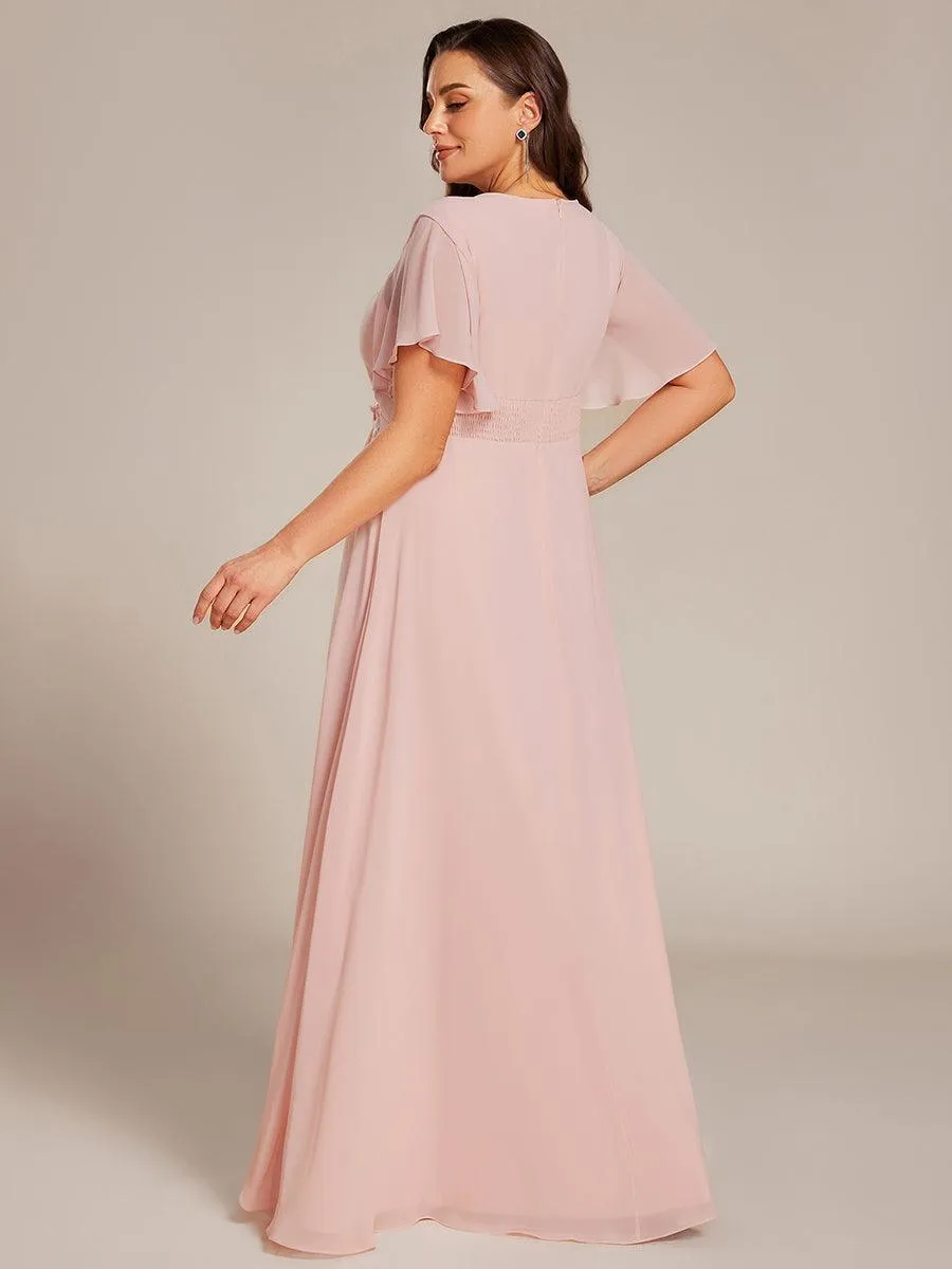 Robe de soirée trapèze à manches courtes et appliques plissées