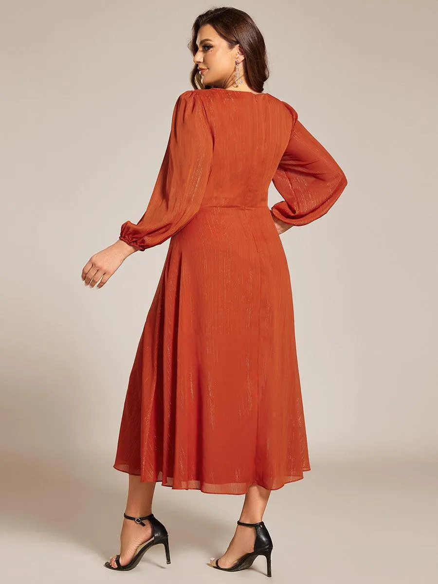 Robe de soirée trapèze scintillante à manches longues et col en V en mousseline de soie avec torsadé