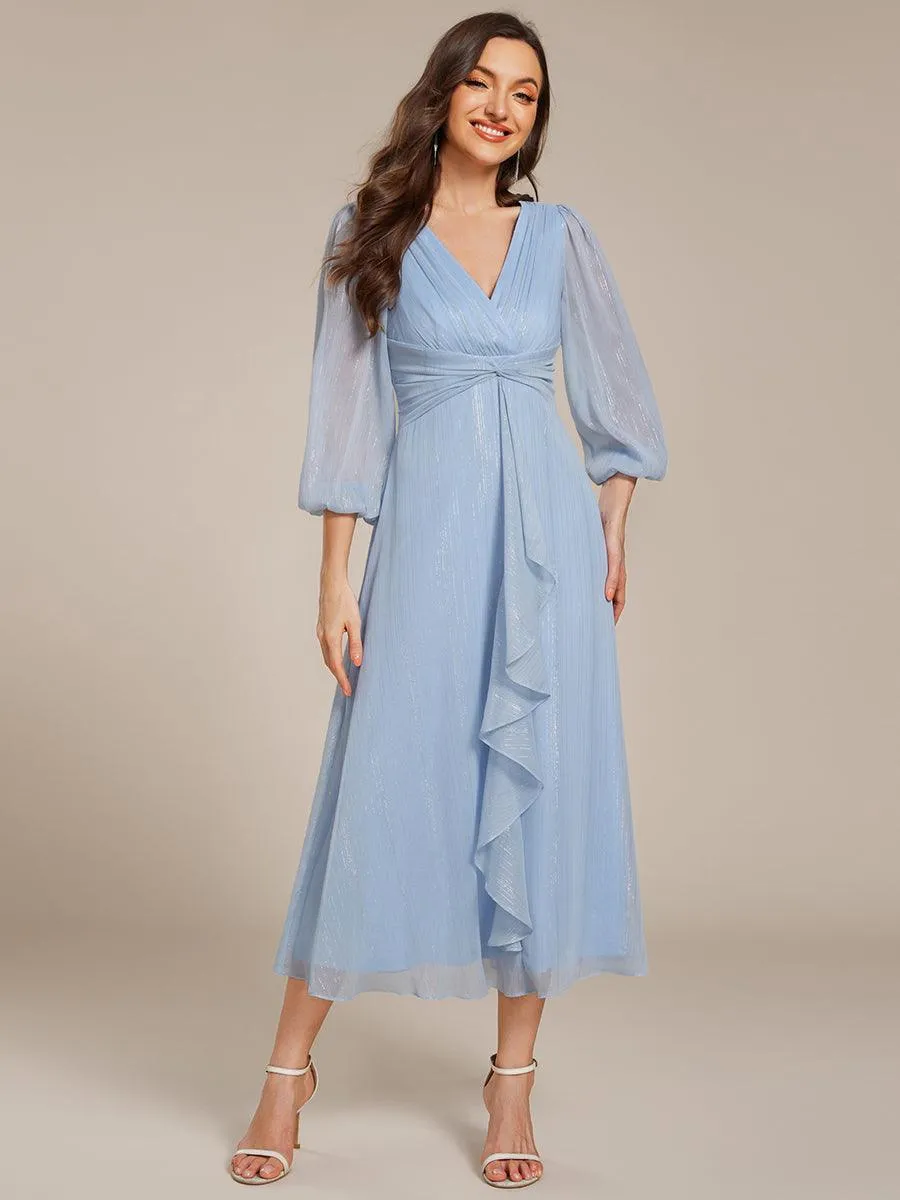 Robe de soirée trapèze scintillante à manches longues et col en V en mousseline de soie avec torsadé