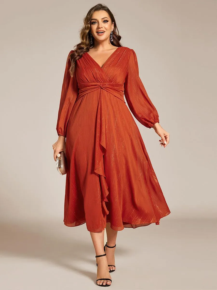 Robe de soirée trapèze scintillante à manches longues et col en V en mousseline de soie avec torsadé