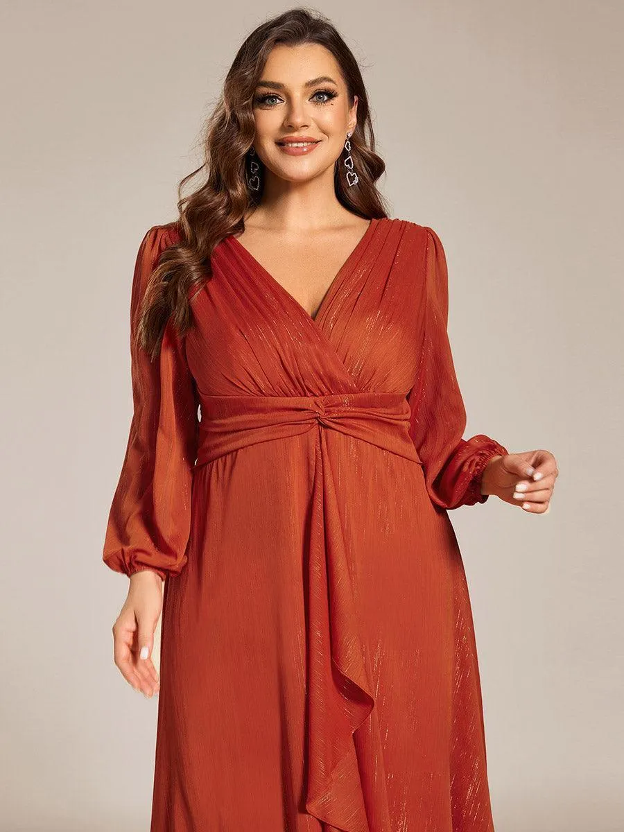 Robe de soirée trapèze scintillante à manches longues et col en V en mousseline de soie avec torsadé