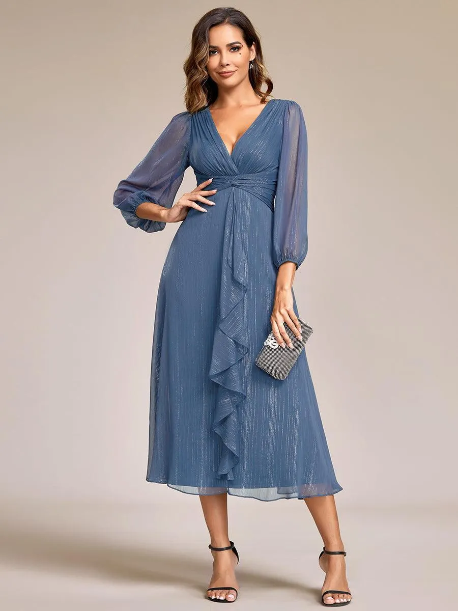 Robe de soirée trapèze scintillante à manches longues et col en V en mousseline de soie avec torsadé