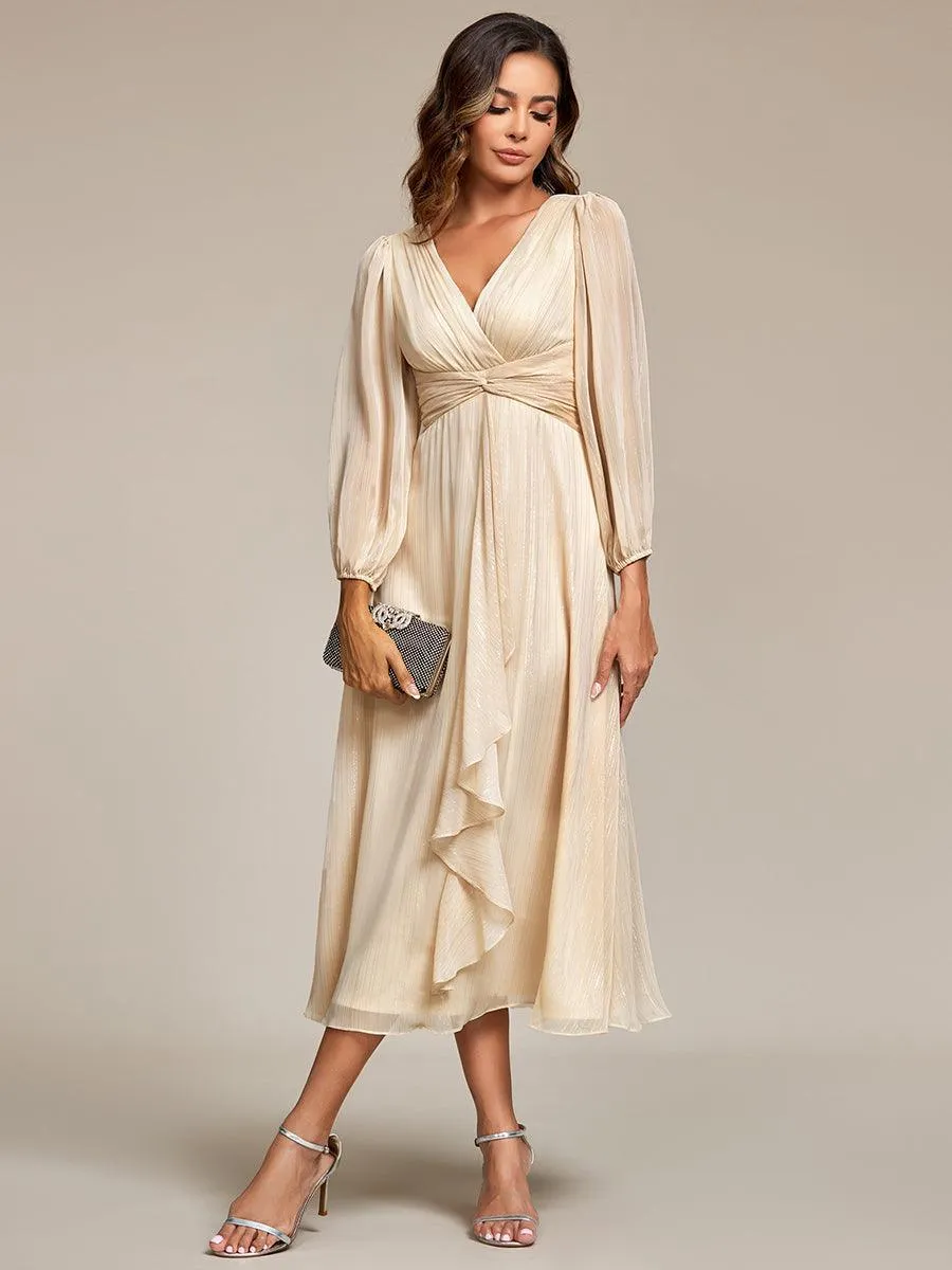 Robe de soirée trapèze scintillante à manches longues et col en V en mousseline de soie avec torsadé