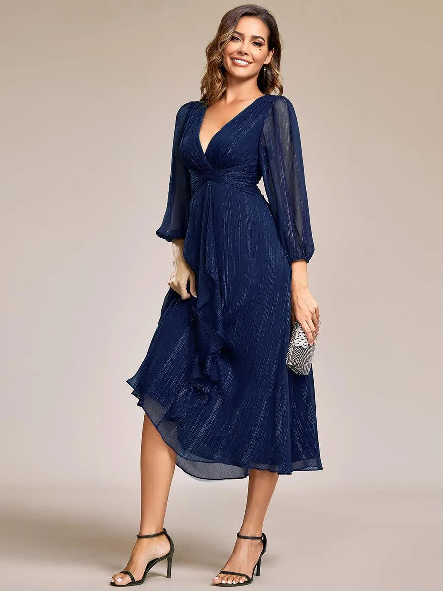 Robe de soirée trapèze scintillante à manches longues et col en V en mousseline de soie avec torsadé