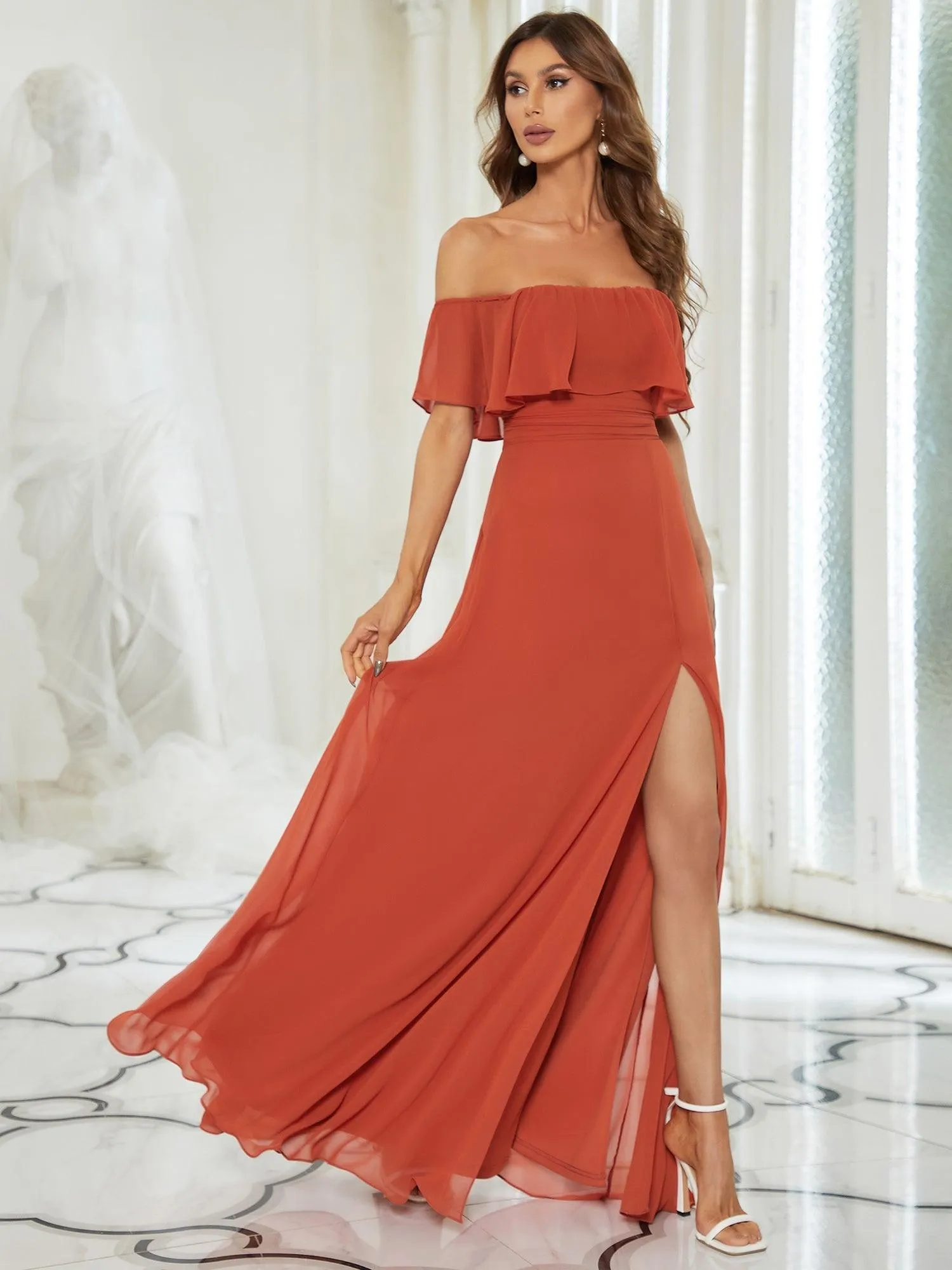 Robe Demoiselle d'Honneur belle Longue Fendue à épaules Dénudées